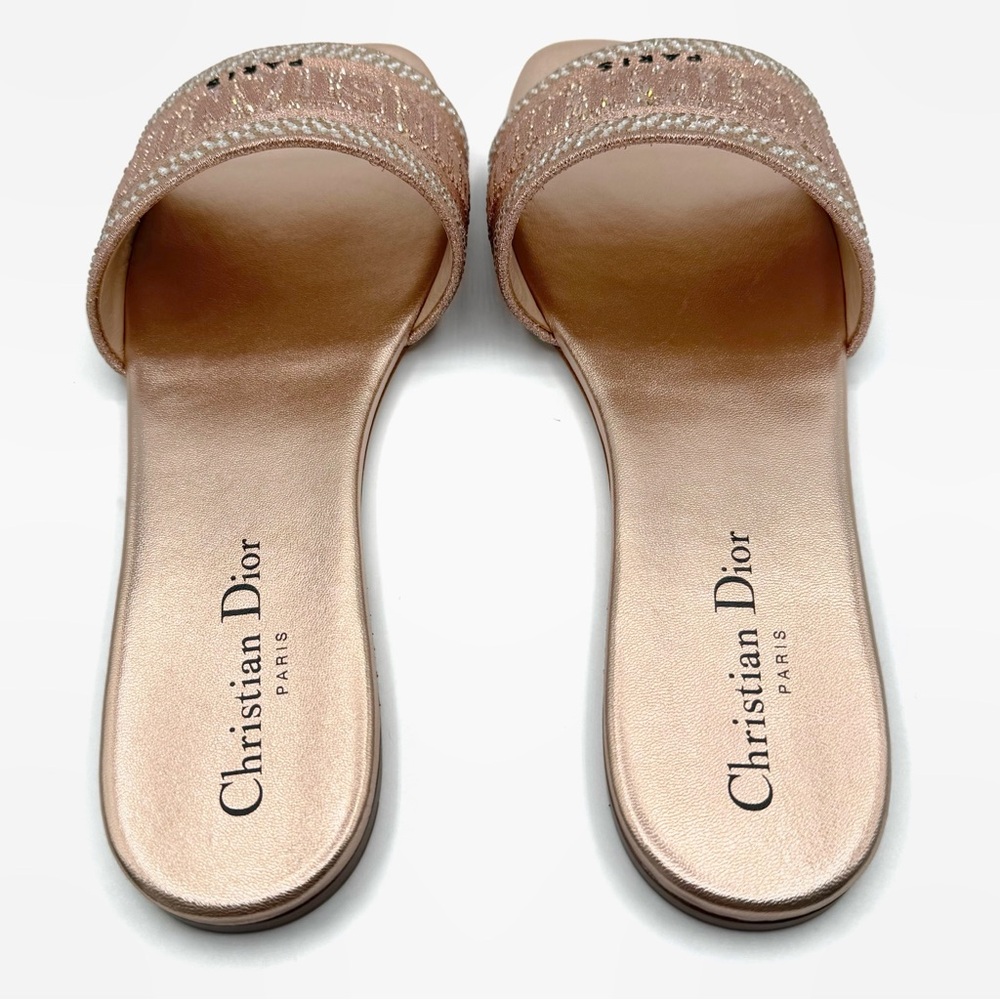 NEW Christian Dior Pink Beige Crystal Strass Dway Logo Canvas Flats Sandal Shoes - Picture 4 of 11
